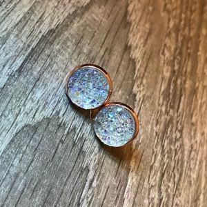 Clear Iridescent Druzy w/Rose Gold Stud Earrings